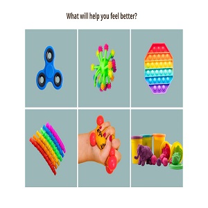 Two by three grid showing sensory item choices for children including a fidget spinner, pop it, pop tube, play dough, squishy ball, and stetchy ball.