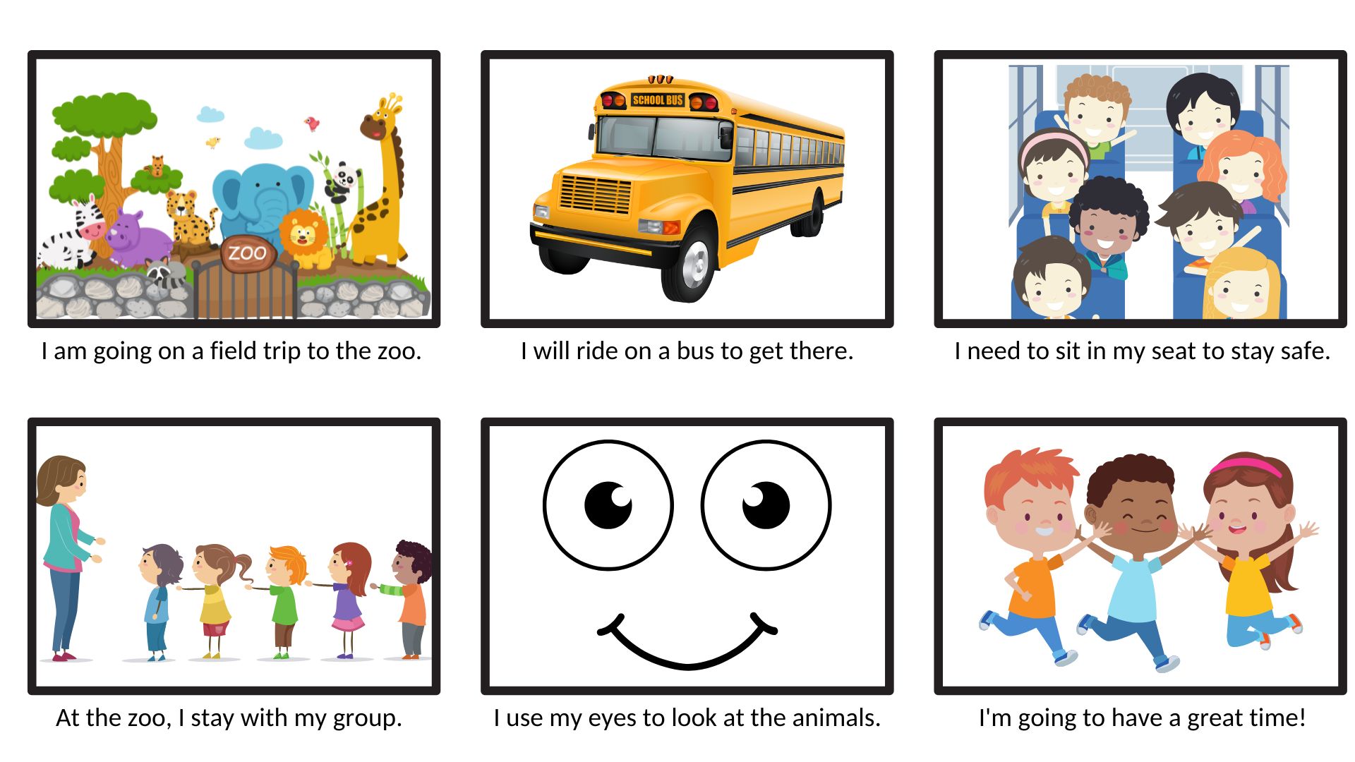 Three by three grid telling the story of going to the zoo using pictures and captions.