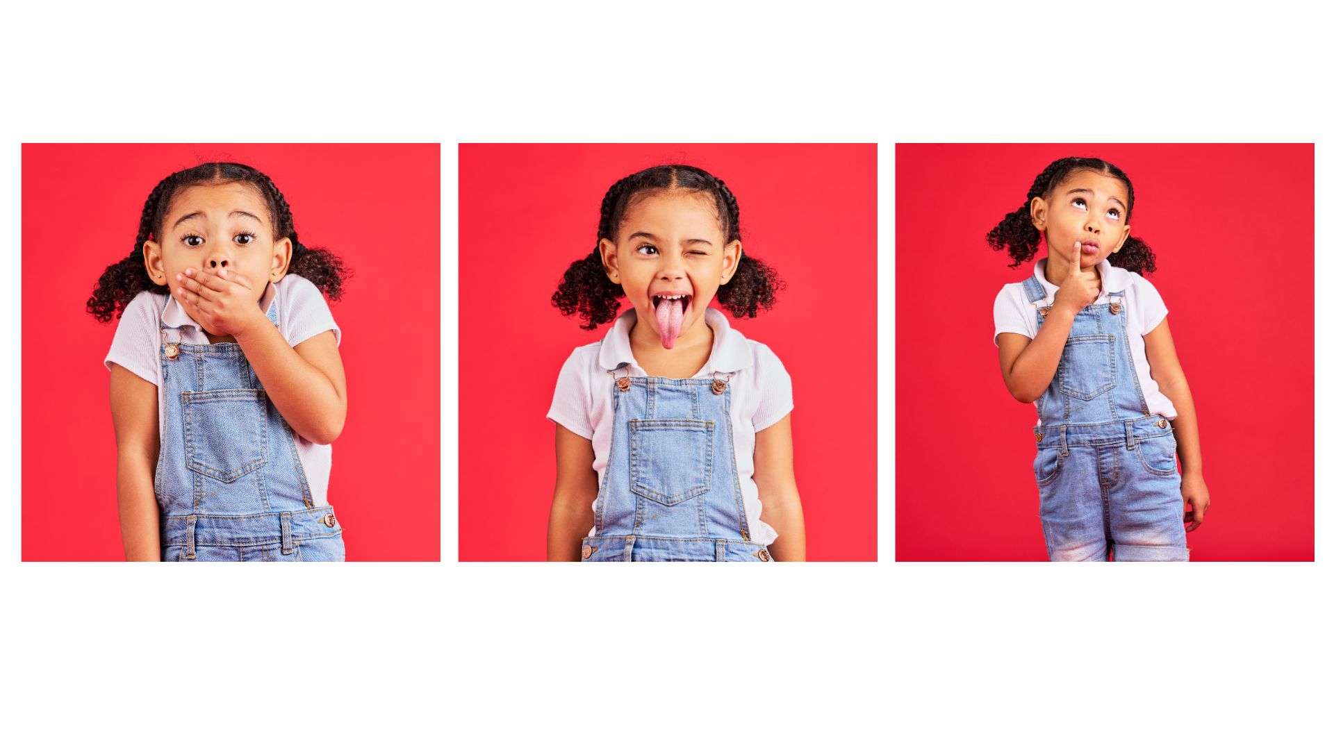 Series of three images of the same child making different expressions such as surprise, silly, and curious. 