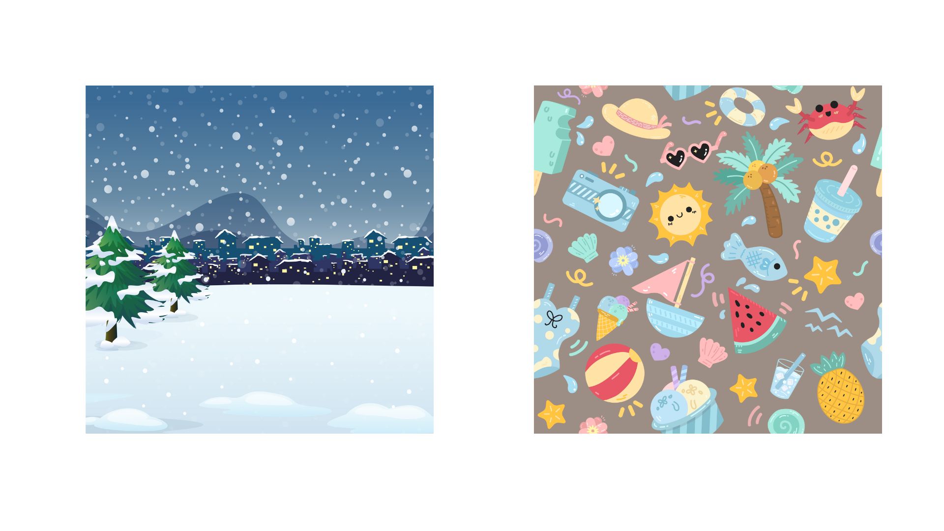 Choice card with a winter scene and summer scene.