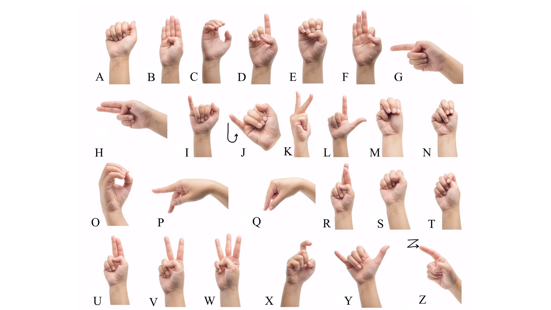Hands demonstrating finger spelling the alphabet in sign language.