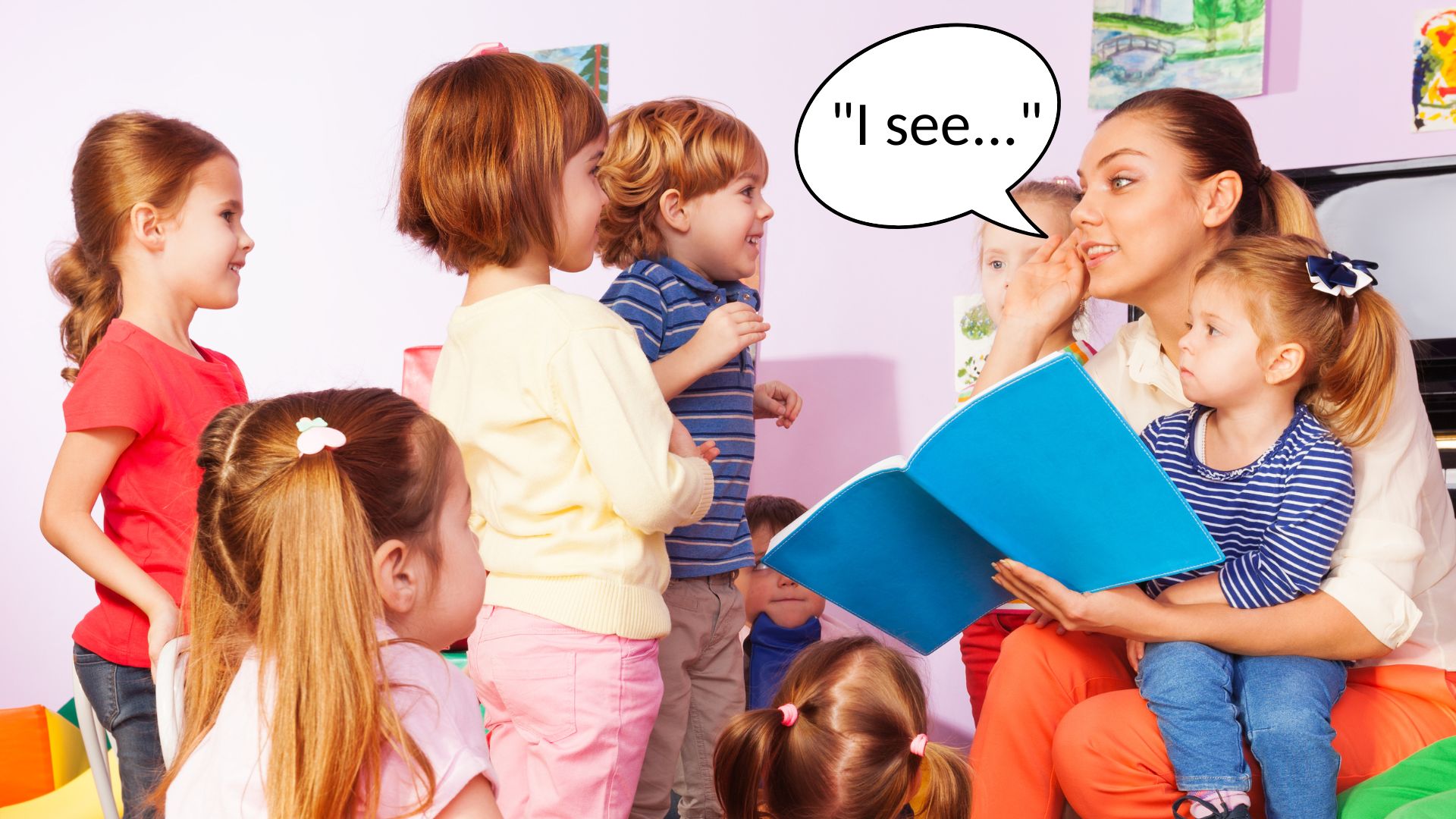 A female teacher reading to a group of sitting and standing children with a conversation bubble saying, 
