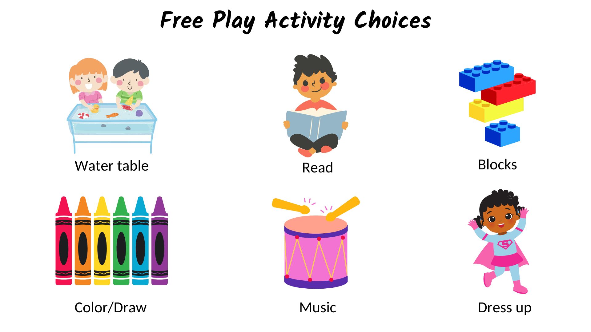Communication board with clipart images showing activity choices