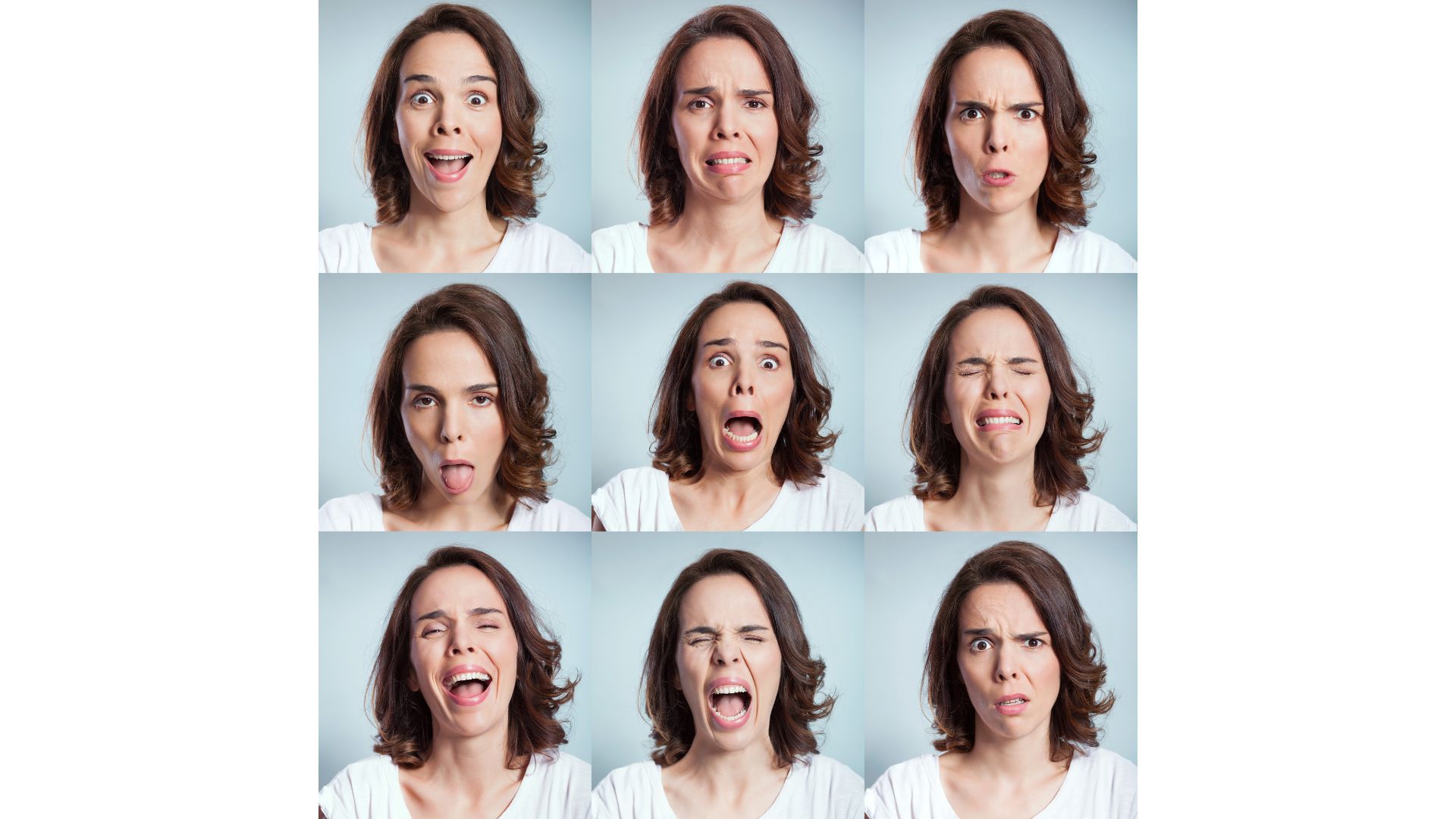 Grid of a white woman making multiple exaggerated facial expressions