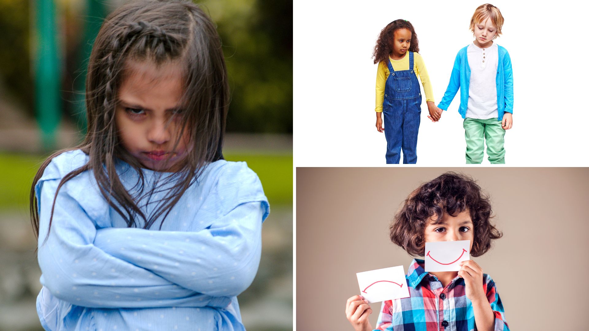 Photo grid showing a girl with her arms crossed and frowning, a sad boy with a girl holding his hand, and a boy holding happy and sad face signs in front of his face.